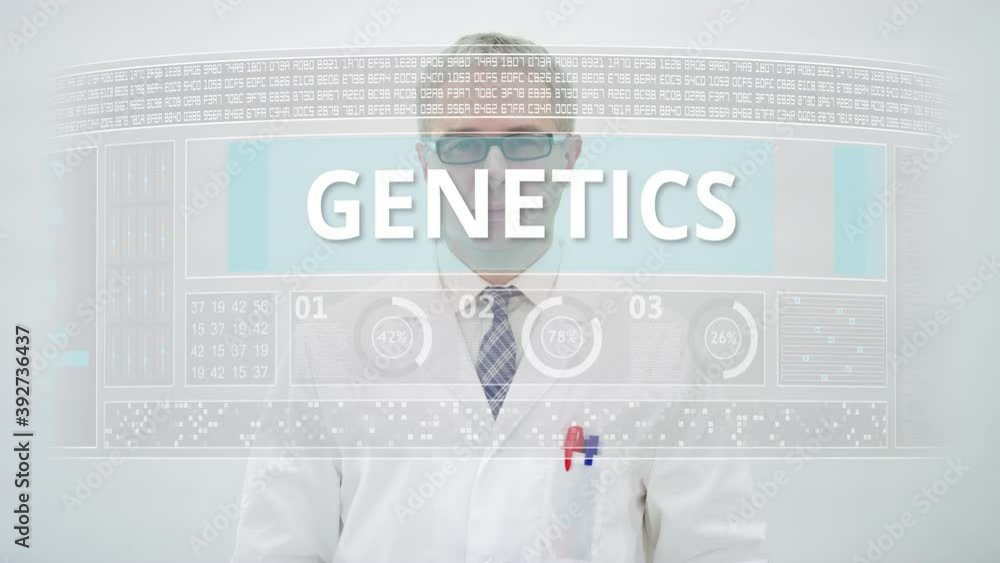 Poster screen with genetics text in front of a scientist