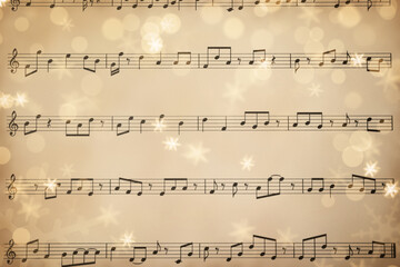 Top view of old sheet with Christmas music notes as background, snowflakes and bokeh effect