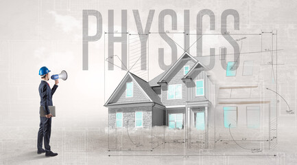 Young engineer holding blueprint with PHYSICS inscription, house planning concept
