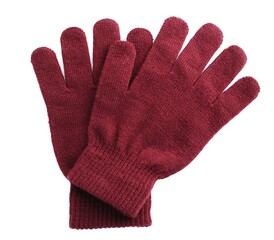 Woolen gloves on white background, flat lay. Winter clothes