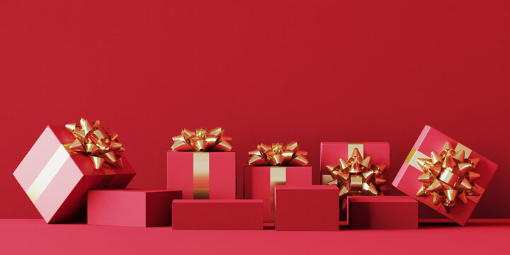 Minimal product background for Christmas, New year and sale event concept. Red gift box with golden ribbon bow on red background. 3d render illustration. Clipping path of each element included.