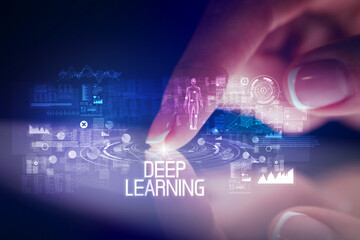Finger touching tablet with web technology icons and DEEP LEARNING inscription