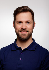Application photo of young white male blue shirt with beard on white Background