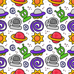 Space in doodle style seamless pattern on blue background. Can use for fabric etc