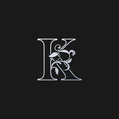 K Letter Outline Initial Nature Tropical Leaf logo Icon. Silver classy color logo icon vector design concept monogram vintage luxury.