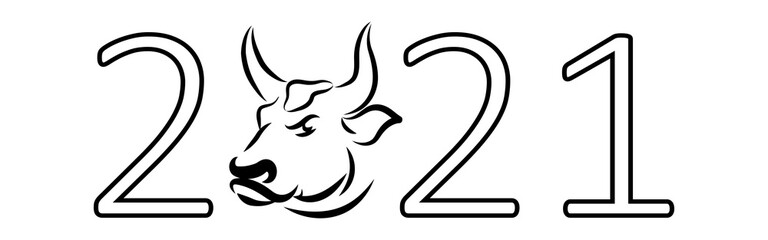 New 2021 Year of the Ox. The symbol of the Chinese New Year is a white metal bull. A bull or a cow is a symbol of 2021. Linear sketch of a bull of the symbol of the new year and numbers 2021.