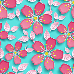 Bright seamless pattern with 3d cherry blossom