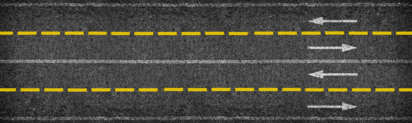 Top view of asphalt road with lanes and limits sign concept. long black asphalt texture background.
