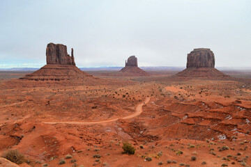 Monument Valley, Arizona, view of the Merrick Butte, West Mitten Butte and East Mitten Butte
