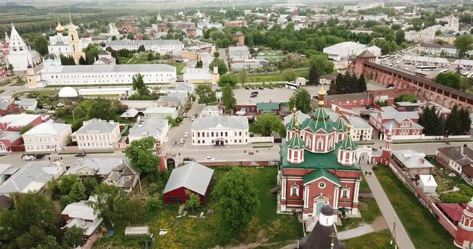 Panoramic view from drone of the church and temple of city Kolomna. Russia