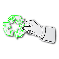 black line hand drawn of businessman hand holding green recycle sign on cut paper with shadow isolated on white background