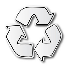 black line hand drawn of recycle sign on cut paper with shadow isolated on white background