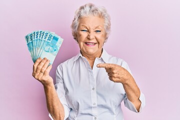 Senior grey-haired woman holding 100 brazilian real banknotes smiling happy pointing with hand and...