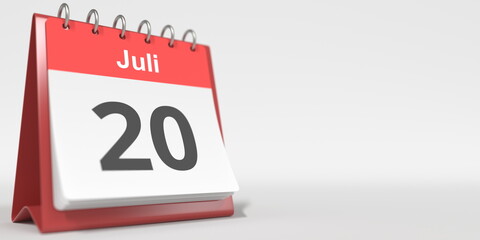 July 20 date written in German on the flip calendar page. 3d rendering