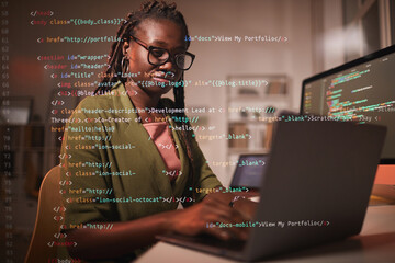 Portrait of contemporary African-American woman using laptop with computer code overlay, copy space