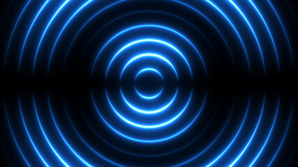 Neon lights background with bright shiny waves come from center. Futuristic rays illustration for technology concept. High-tech graphic texture with blue lasers.