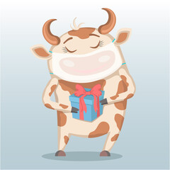 Bull symbol of 2021 with a gift wearing a protective mask to avoid Covid19 infection.
