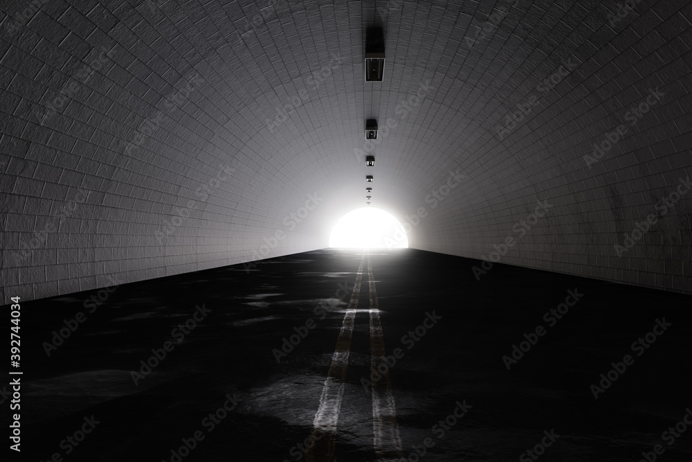 Poster 3d rendering of darken tunnel with light at the end of tunnel