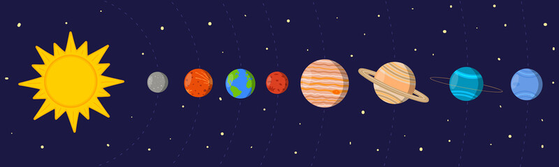 Cartoon colorful Solar system. Sun and planets in their orbits on space background. Vector illustration for kids education materials, children science books, wallpapers, posters, cards. © vikusha_art