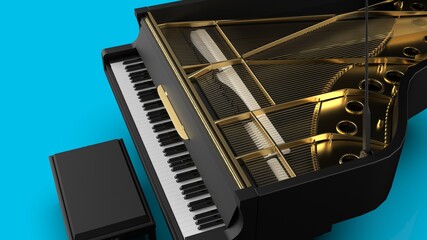 Black-Gold Grand Piano under blue background. 3D illustration. 3D high quality rendering. 3D .