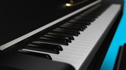 Naklejka premium Black-Gold Grand Piano under blue background. 3D illustration. 3D high quality rendering. 3D .