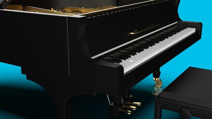 Black-Gold Grand Piano under blue background. 3D illustration. 3D high quality rendering. 3D .