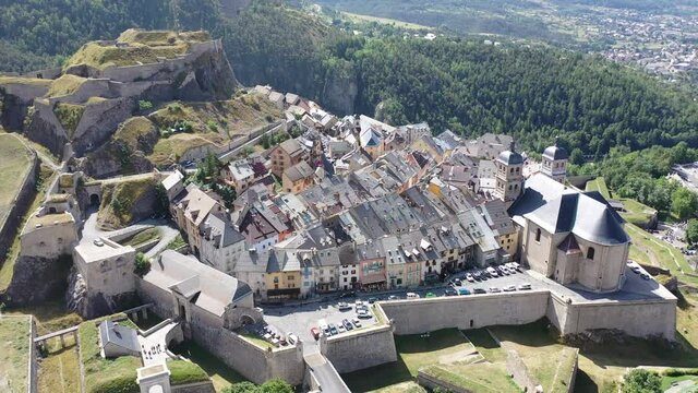 Panoramic view from the drone on the city Briancon. France