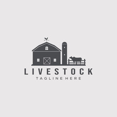 Fototapeta premium vintage barn, fence, and cow for farm symbol. livestock logo vector illustration design