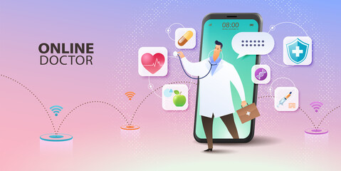 Online Doctor and Telemedicine banner. Video calling a doctor consultation via smartphone apps. Medical healthcare landing page. Vector illustration