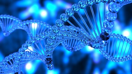 Science Molecular Glass DNA Model Structure under blue flash light. 3D illustration. 3D CG. 3D high quality rendering.