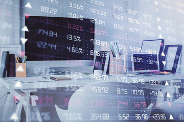 Double exposure of stock market graph drawing and office interior background. Concept of financial analysis.