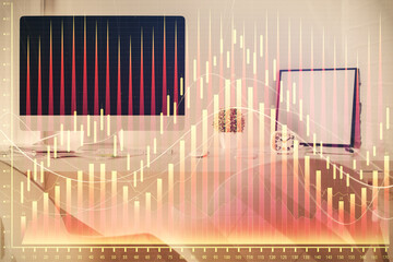 Multi exposure of stock market chart drawing and office interior background. Concept of financial analysis.