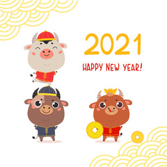 Christmas design template with oxen in traditional costume.Cute bulls with gold money.New year design of poster, card, headers website and sale concept.Vector cartoon illustration on white background.