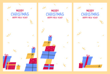 Template design for christmas sale with cute gifts.Christmas advertising.Xmas presents and lettering on the background.Set of vertical social media stories and post design.Hand drawn illustration