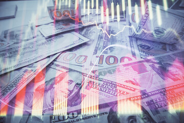 Multi exposure of forex chart drawing over us dollars bill background. Concept of financial success markets.