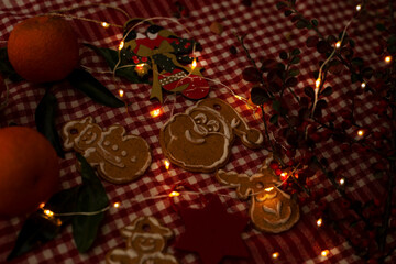 Atmosphere of Christmas and New Year. There is festive decor on checkered canvas. Traditional tangerines and gingerbread cookies. The concept of home comfort and fabulous mood. Photo low key