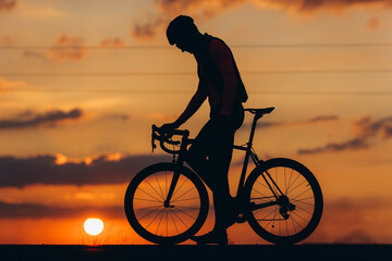 Obraz premium Silhouette of strong cyclist standing on road with bike