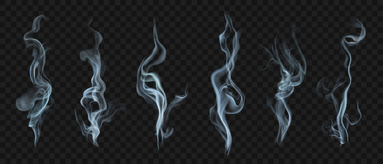 Set of several realistic transparent smoke or steam in white and gray colors, for use on dark background. Transparency only in vector format