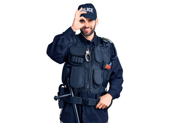 Young handsome man with beard wearing police uniform doing ok gesture with hand smiling, eye looking through fingers with happy face.