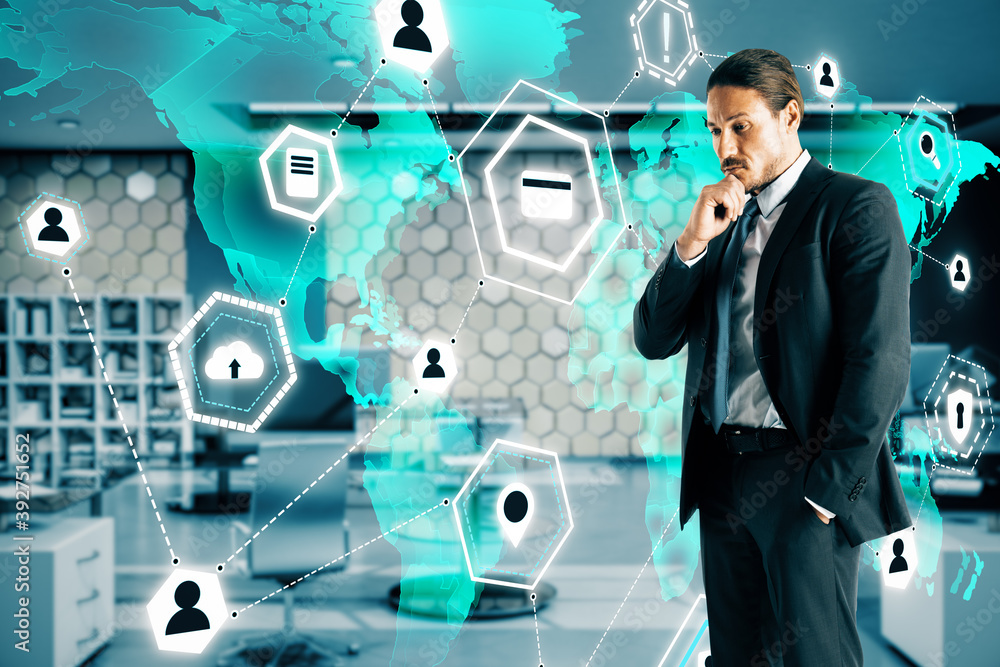 Poster businessman standing in office working with global world interface.