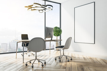 Luxury ceo office with blank vertical banner on wall