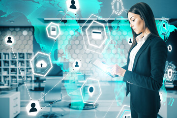 Businesswoman with digital tablet and computing cloud hologram