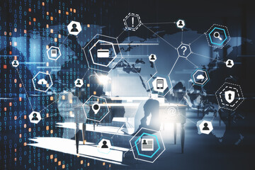 Side view of creative glowing big data interface.