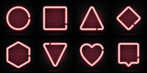 Neon shapes set. Triangle, hexagon, circle, heart, square. Vector illustration. Bright figures.