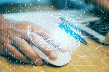 Hands using computer mouse with digital polygonal brain interface