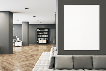 Minimalistic open space office with blank banner on wall
