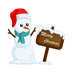 Cute snowman with wooden sign