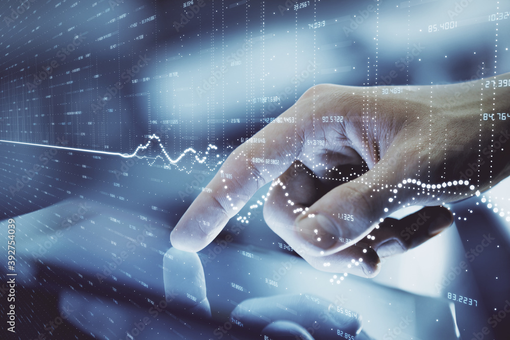 Poster multi exposure of man's hands holding and using a digital phone and forex graph drawing. financial m