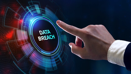 Business, Technology, Internet and network concept. Young businessman shows the word: Data breach