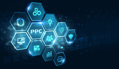 Pay per click payment technology digital marketing internet concept of virtual screen. PPC
